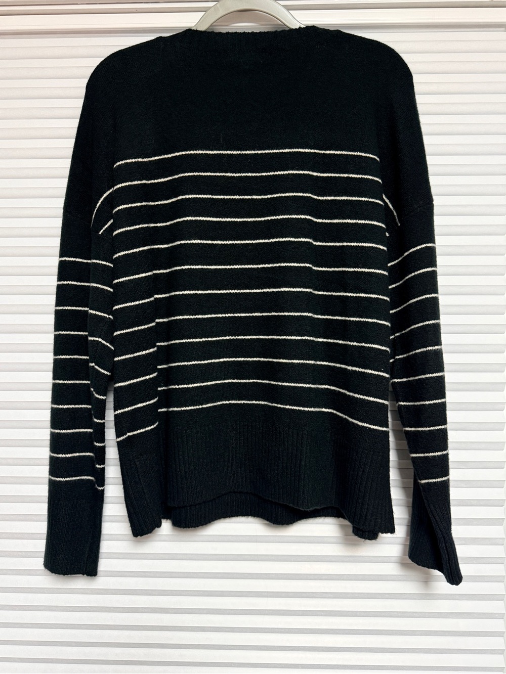 Women's Black Crewneck Sweater with Ivory Stripes - Picture 2 of 4